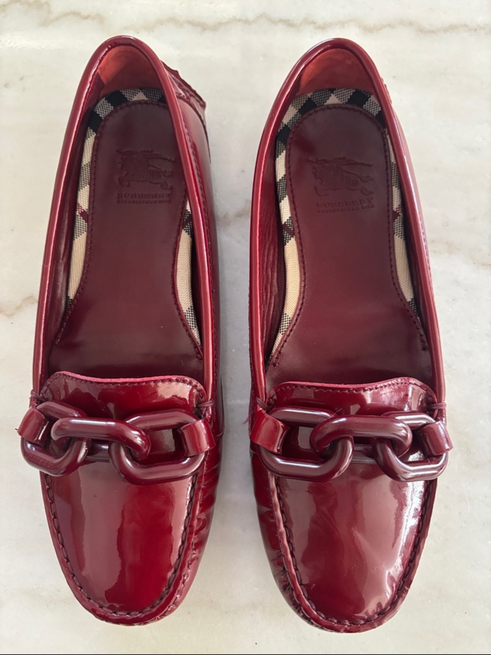 Burberry Red Patent Leather Chain Link Loafers